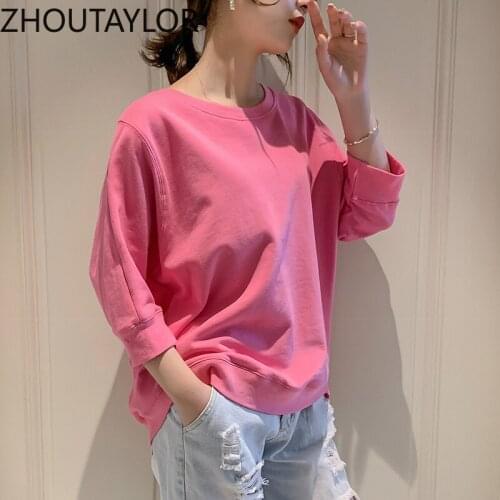 ZHOUTAYLOR Sweatshirt Women Fashion Office Lady Pullovers Femme Three Quarter Solid O-Neck Loose Autumn New Tops Female S0686