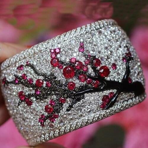 Vintage Plum Tree Flower Blossom Paved Red Pink Rhinestones CZ Ring 2019 New Bohemia Cute Banquet Fine Jewelry O5M171