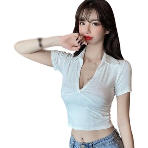 Daxin Womens Solid V Neck Tee Shirt Summer Slim Exposed Navel Knitted Short Sleeve T-Shirt Tops Female Crop Top Ladies Shirt