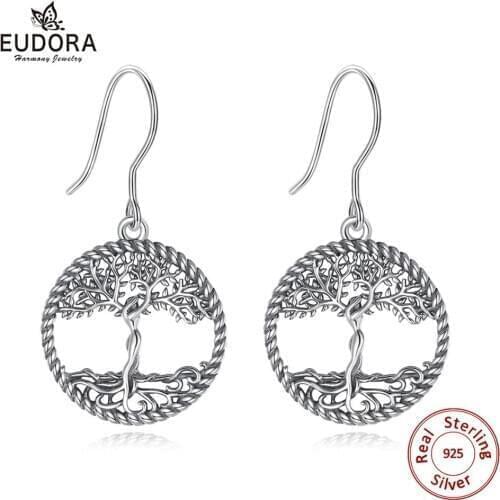 Eudora 100% 925 Sterling Silver Tree of life Drop Earring Vintage oxidized silver Women Fashion earrings Women Jewelry Gift E119