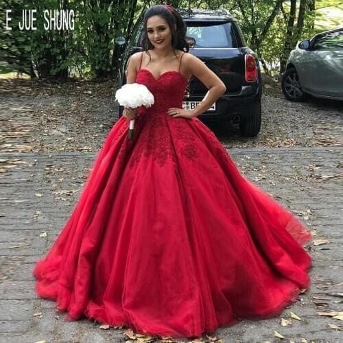 E JUE SHUNG Red Sexy Ball Gown Wedding Dresses Spaghetti Straps Lace Appliques Bridal Gowns Lace Up Back vestido de noiva