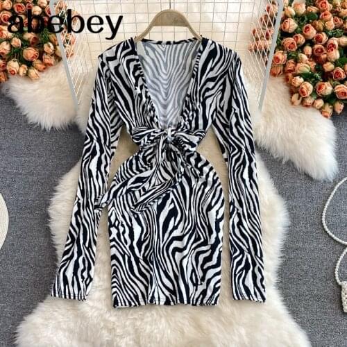 2021 New Spring Autumn Vintage V-Neck long sleeve Dress high waist pleated bandage waist Zebra Print short wrap Dress