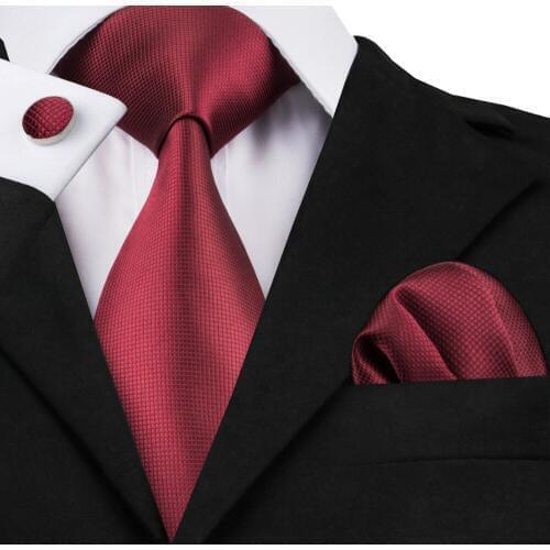 2018 Fashion Wine Red Solid Tie Hanky Cufflinks 100%Silk Necktie Ties For Men Formal Business Wedding Party C-430