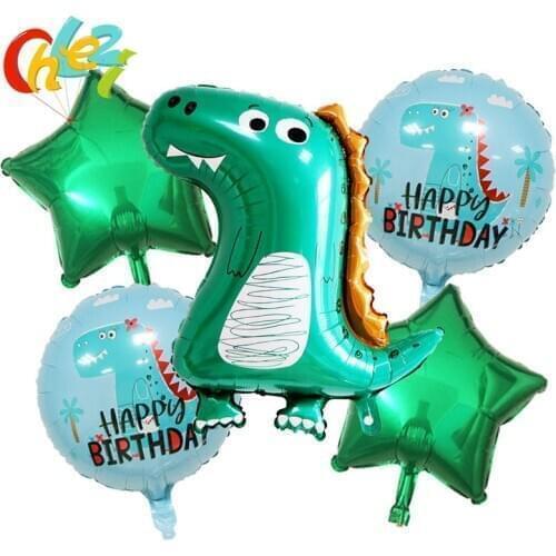 5pcs/lot Green dinosaur Foil Balloons Crown Cartoon Dinosaur Birthday Party Decoration kids toys Helium Globos baby shower