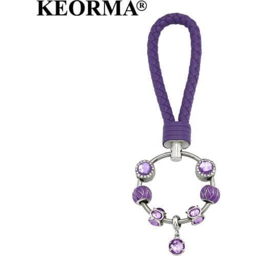 KEORMA Car Key Ring Holder Jewelry Purple PU Leather Stainless Steel Circle Keychains High Grade Men Key Chain YK029