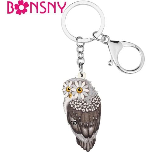 BONSNY Acrylic Gray Cute Big Flowers Eyes Owl Keychains Ring Fashion Car Purse Key Chain Teens Gifts Jewelry For Women Girls