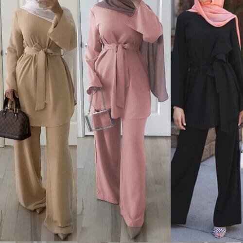 Two Piece Set Blouse and Wide Leg Pants Women Dubai Muslim Abaya Lace-up Solid Kaftan Ladies Islam Turkish Islamic Clothing Sets