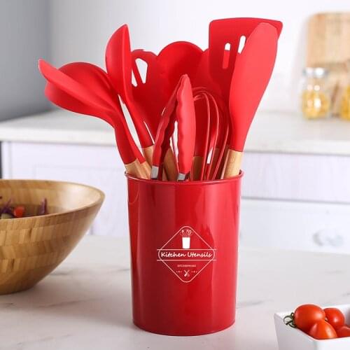 Red Color Food Grade Silicone Utensil with beech wood handle kitchen tools accessories cookware sets Baking kitchen utensils