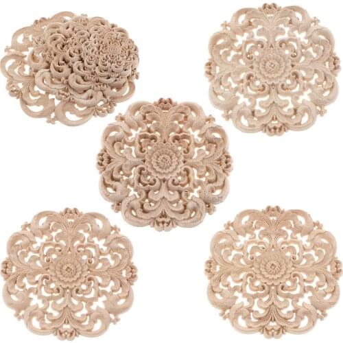 1 Pcs Round Wood Carved Flower Appliques Elegant Cabinet Onlay Craft Unpainted For Home Decor