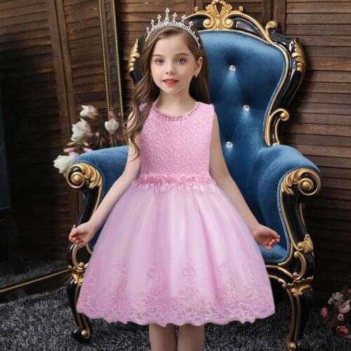 Summer Childrens Lace Sequins Embroidered Waist Three-Dimensional Flower Design Girl High-end Party Dress