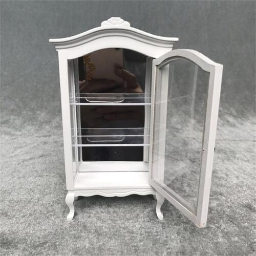 1:12 Miniature Furniture toy White Living Room Wood Glass Display Cabinet Cupboard For Dollhouse Accessories children Gifts