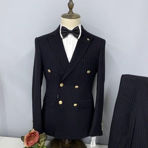 Mens Suit Set 2 Pieces Striped With Gold Buttons Party Tuxedos Slim Fit Custom Made Business Banquet Wedding Prom Suits 2021