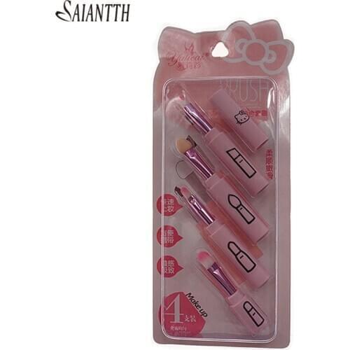 Pink hello Connectable mini eyes makeup brushes kit 4 in 1 stick portable cosmetic brush set eyeshadow eyebrow shaving lip Soft