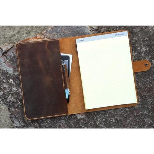 Personalized rustic real leather business resume folder document organizer for letter size 8.5 x 11.75 top open writing pad