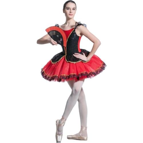 New Design of Adult Girls Spanish Tutu Dress Black & Red Ballet Dance Tutus Performance Tutu Costume Ballerina Dresses 19069