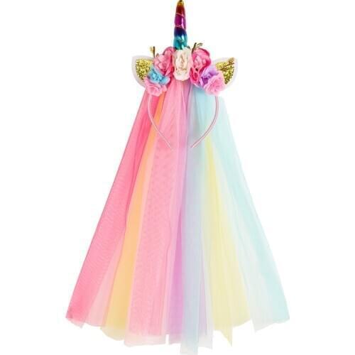 Rainbow Unicorn Headband Glitter Cat Ears Headband with Long Tulle Party Unicorn Hair Accessories Girls Unicorn Hair Band