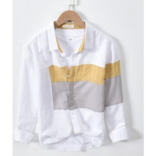 2050 Spring Mans Shirt Japanese Style High Quality Linen Embroidered Square Collar Single-Breasted Patchwork Casual Male Tops