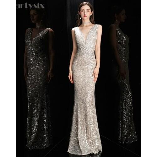 Partysix Women Elegant Sequined Evening Dress Deep V Neck Backless Sexy Robe Female Sleeveless Ladies Mermaid Party Dress