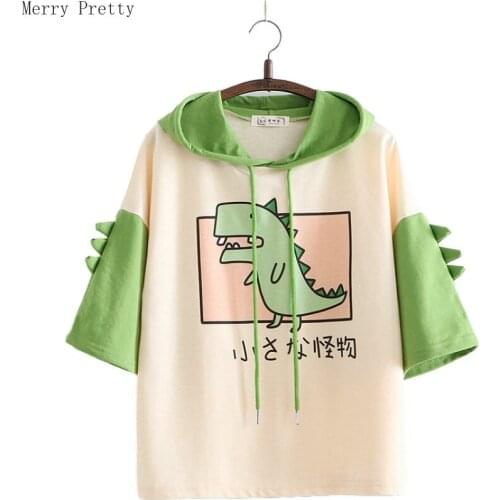Merry Pretty Women Dinosaur Short Sleeve Hooded Cotton Sweatshirt 2020 Summer With Horns Harajuku Hooded Girls Teens Green Top