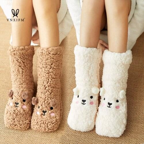 VNXIFM 2021 winter floor socks plush thick warm floor socks coral fleece cartoon funny socks Japanese home shoes non-slip socks
