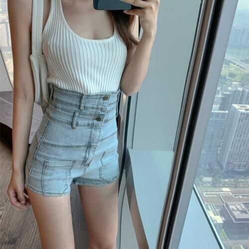 2020 Retro womens high waist stretch jeans hips slim double waist wide leg shorts