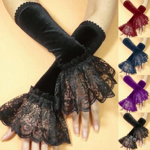 Lace Gloves Women Black Burgundy Purple Navy Blue Velvet Bridal Gloves Club Performance Wedding Party Dress Glove Finger Guantes