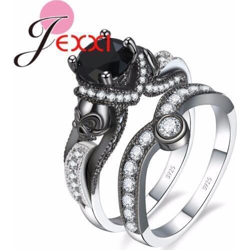 Round Clear CZ Zircon Engagement Ring Set for Women 925 Sterling Silver Jewelry Inlaid Double Black Skull Ladies Ring Sets