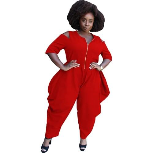 Plus Size L-4XL 2021 Women Jumpsuit Zipper Solid Color With Pocket Streetwear Cargo Pants Short Sleeve Long Romper Playsuit