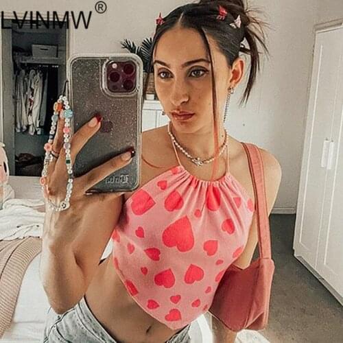 LVINMW Halter Lace Up Casual Fashion Sleeveless Tank Shirring Patchwork Slim Sexy Tops Women Printed Backless Irregular Crop Top