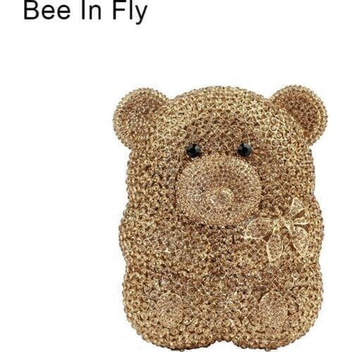 Bee In Fly Golden 3D Bear Shape Women Crystal Evening Clutch Minaudiere Handbags Ladies Mini Party Purse Wedding Bag