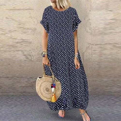 Vintage Women Sundress O-Neck Long Maxi Dress 2021 Summer Female Dot Pinted Summer Dress Beach Boho Dresses Casual Vestidos Robe
