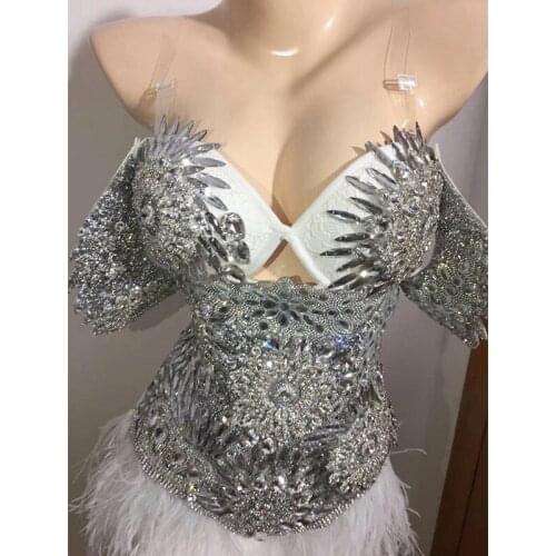 Sparkly Silver Crystals Bodysuit Women Feather Leotard Outfit Female Bar Dance Stage Party Dance Costume Celebrate Dress