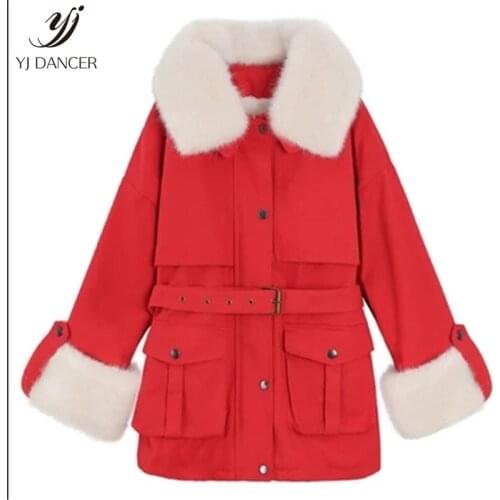 2018 Fashion New High quality Large Fur Collar Waist And Velvet Tooling Cotton Womens Long Thick Cotton Padded Denim Coat H0112