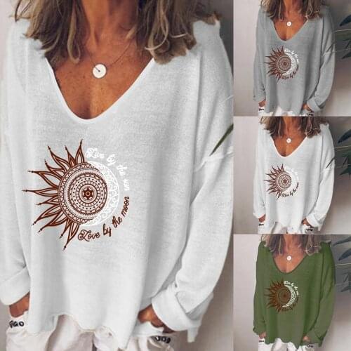 2021 Fashion Sun flower Blouse Autumn Winter Loose V-Neck Tops Female Women Long Sleeve Shirt Blusas Femininas Clothing Pullover