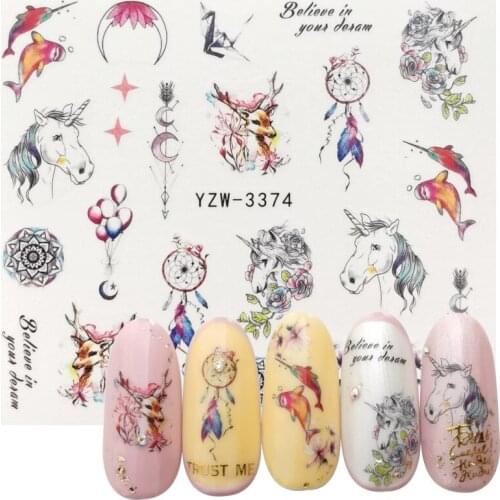 2021 New Designs Colorful Nail Water Decals Slider Dream Catcher Feather Balloon Unicorn Nail Wraps Watermark Tattoo Decor
