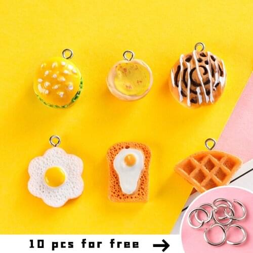 5PCS Kawaii Resin 3D Food Hamburger Bread Egg Beading Charms Pendant Ornament Decoration Jewelry Making Keychain Accessories