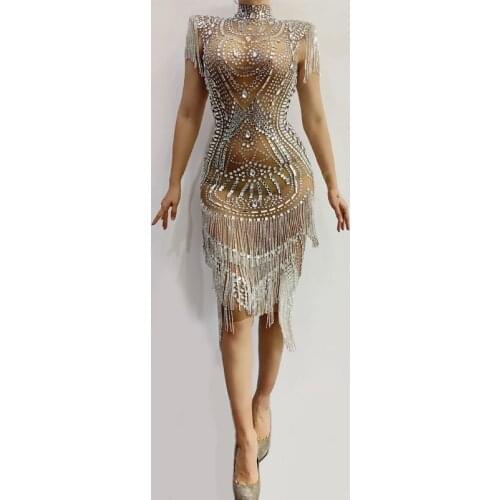 Shining Silver Crystals Fringed Transparent Dress Birthday See Through Sexy Rhinestones Chain Women Singer Evening Dress XS1051