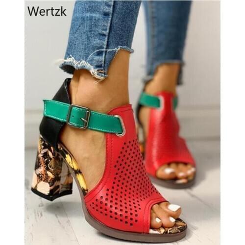 Women Sandals Summer Shoes Flock Block Heels Buckle Strap Ladies Classic Sandals Female Fashion High Heels Zapatos De Mujer B370