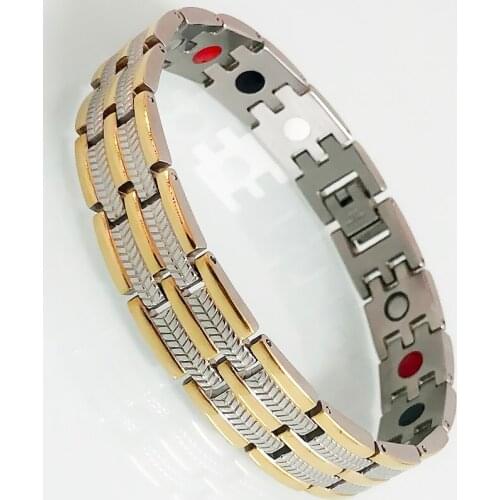 Gold Plated Thick Stainless Steel Bracelet Men Masuline Elegant Health Care 4 In 1 Magnetic Wristband Homme Bio Therapy Bangle