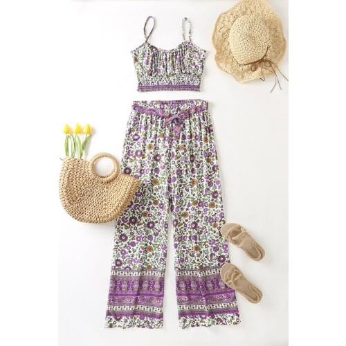 Jastie Retro Women Two Piece Sets Floral Print Square Neck Elastic Waist Camisole Long Pants Bohemian Summer Beach Sets 2021