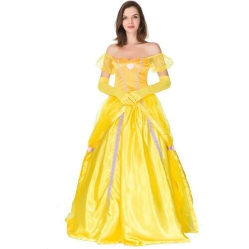 Beauty and Beast Adult Costume Yellow Long Dress Halloween Party Christmas Belle Cosplay Dress