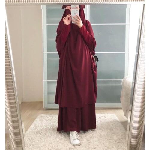 Two Piece Set Muslim Hooded Tops and Skirt Womens Abayas Khimar Islamic Clothing Caftan Marocain Ramadan Prayer Hijab Long Robe