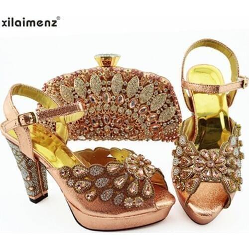 Summer New Arrivals Matching Shoes and Bag Set In Heels Nigerian Shoes and Bag Set for Italian Party in Peach Color For Wedding