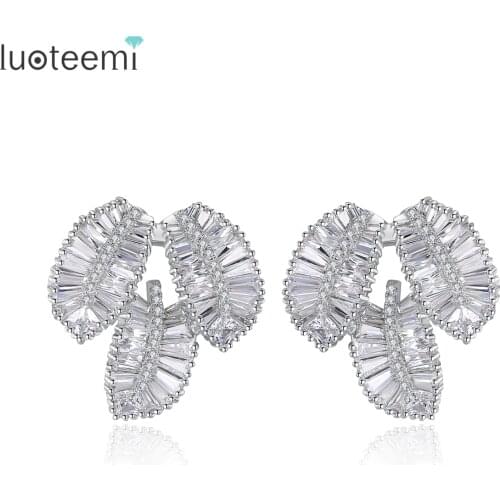 LUOTEEMI New Elegant Leaf Shaped Luxury Clear Cubic Zirconia Statement Big Stud Earring For Women Wedding Party Jewelry Earrings