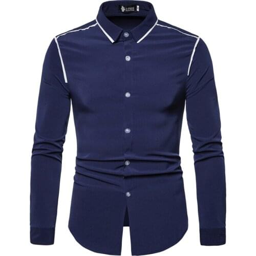 Mens Shirt Long Sleeve Turn Down Collar Cardigan Shirt With Contrast Border Casual Single-Breasted Slim Tops