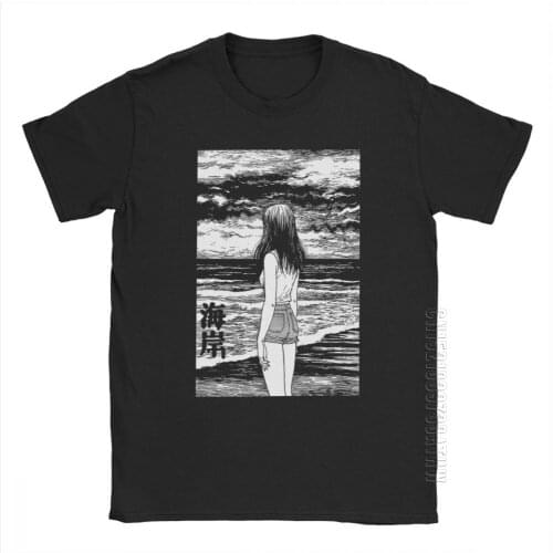 Uzumaki Sea T Shirt Horror T Shirts Manga Junji Ito Tees Mans T-Shirt Vintage 100% Cotton Short Sleeve Tee Shirt Clothing