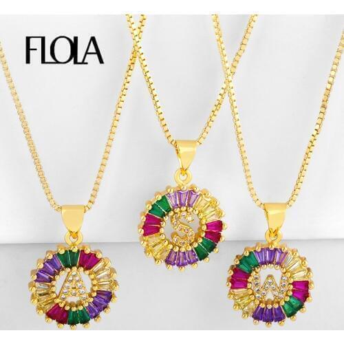 FLOLA Round Alphabet Necklace For Women A-Z Initial Letter Necklace Pendants CZ Zirconia Multicolor Rainbow Jewelry Gifts nkep34