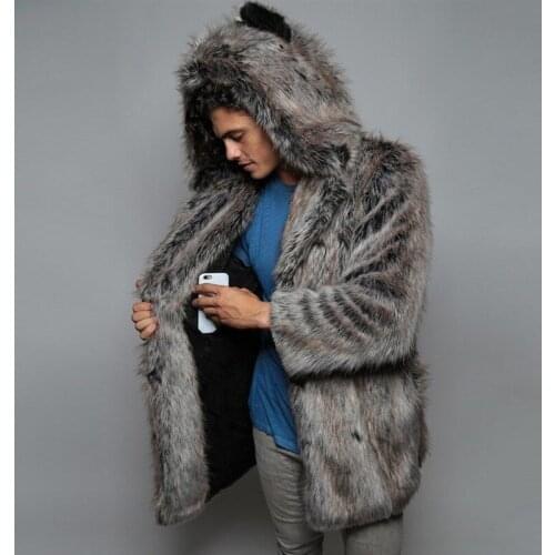 Mens Brand Fur Parka Oversized Fur Overcoat Warm Thick Faux Fur Fashion Men Hooded Long Coat Jacket Faux Fur Outwear Outfit Man