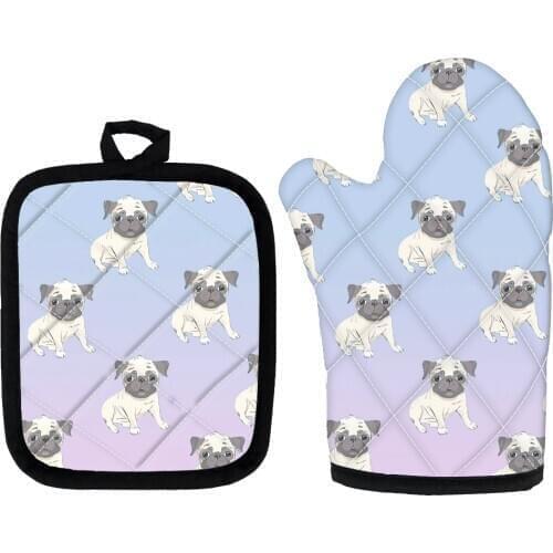 Cute Potholders Oven Mitts Microwave Baking Gloves Pug Dog Print Insulation Gloves and Mat Polyester Kitchen Gloves for Cooking