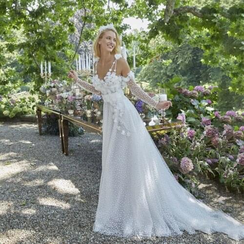 Fairy Handmade Flower Wedding Dresses Removable Sleeve A Line Tulle Romantic Bridal Gowns Custom Made Vestidos De Fiesta